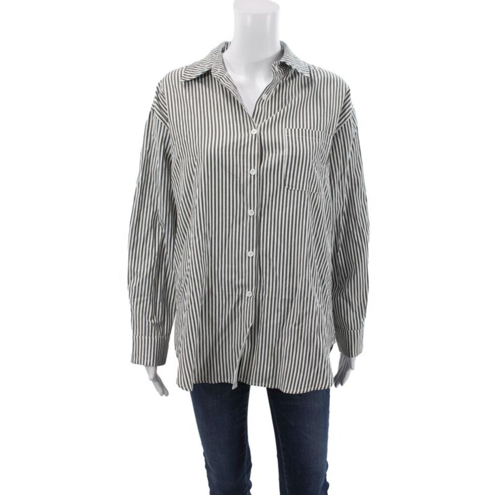 Designer Women Striped Collared Button-Up Blouse Gray Long Sleeve Size M